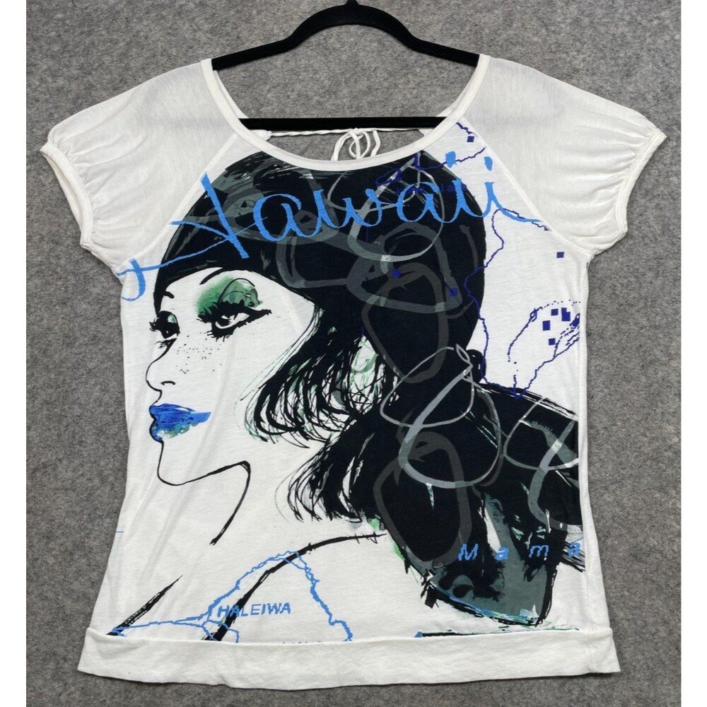 Vintage Custo Barcelona Top Womens M White Y2K Graphic Print Girl Hawaii Tee